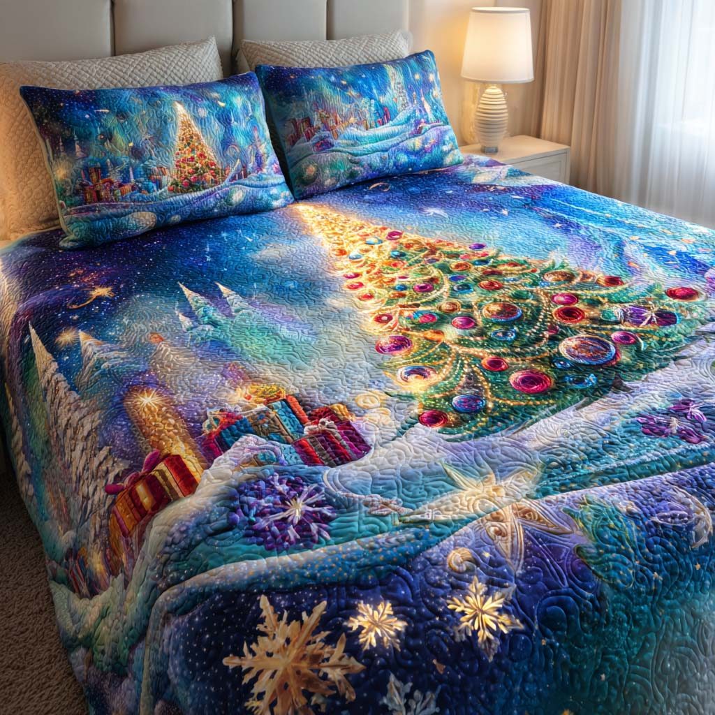 Twinkling Light Christmas quilted 3-piece bedding set on a made bed in a winter-styled bedroom