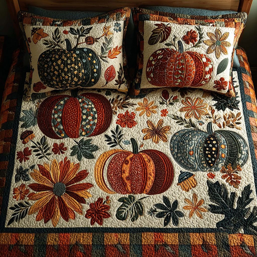 Twinkling Pumpkins quilted 3-piece bedding set on a made bed against a dark styled interior
