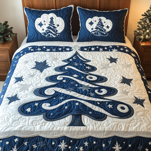 Twinkling Tree quilted 3-piece bedding set on a made bed with two matching pillow shams