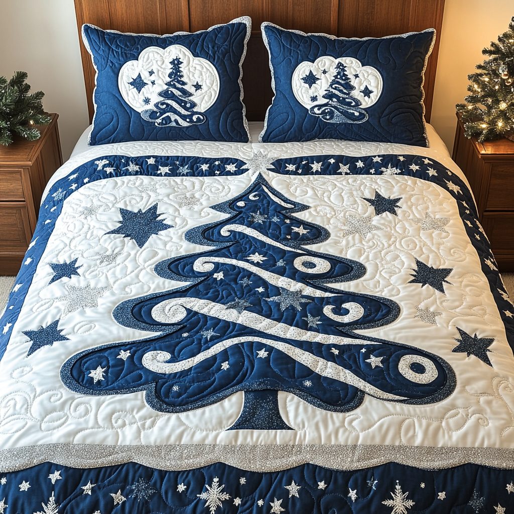 Twinkling Tree quilted 3-piece bedding set on a made bed with two matching pillow shams
