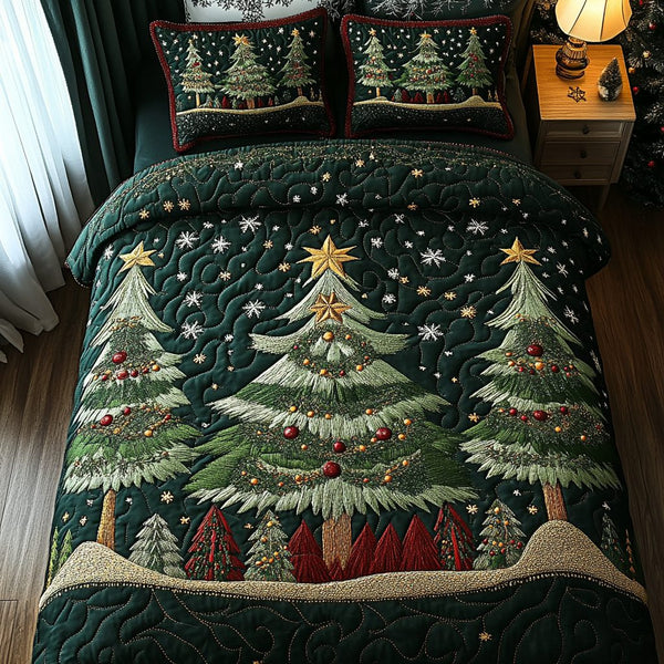 Twinkling Trees quilted 3-piece bedding set on a made bed with two matching pillow shams
