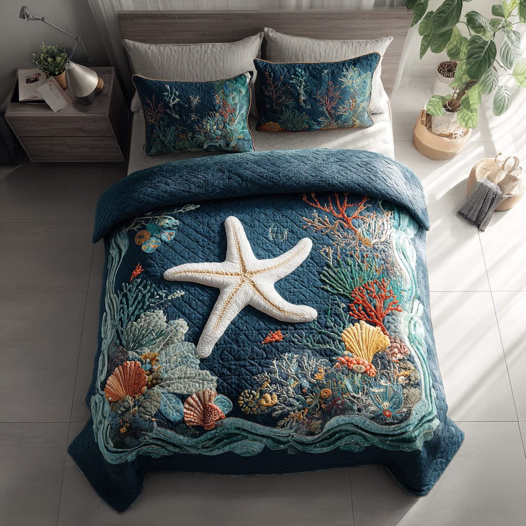 Undersea Ocean Realm quilted 3-piece bedding set on a made bed in a light coastal bedroom