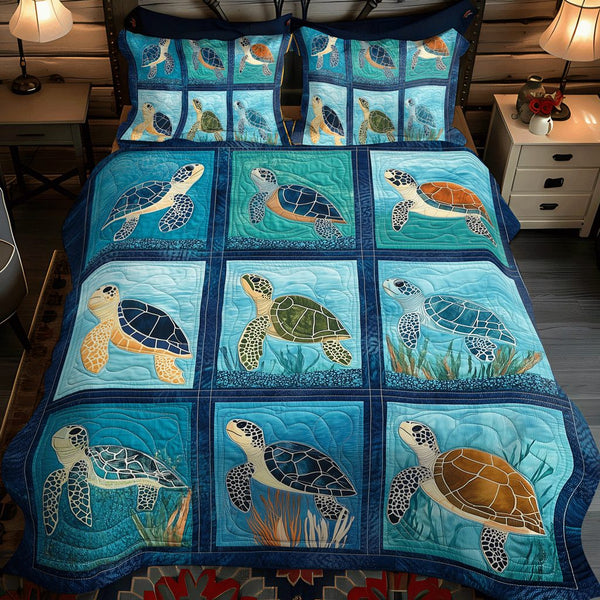 Underwater Bliss quilted 3-piece bedding set on a made bed with two matching pillow shams