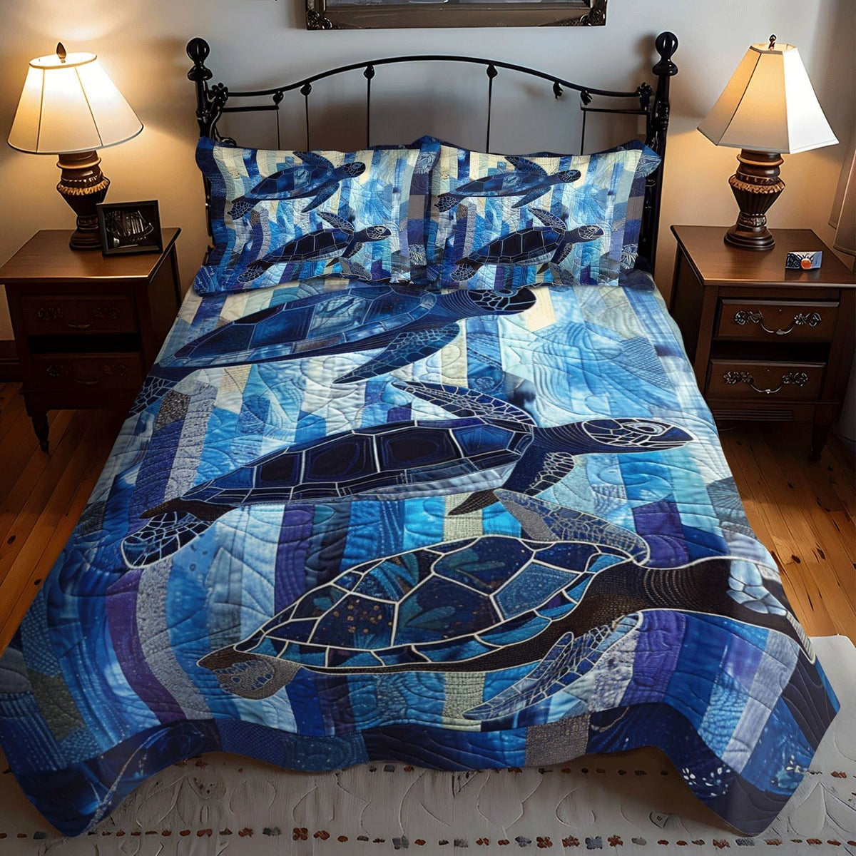 Underwater Bliss quilted 3-piece bedding set on a made bed with two matching pillow shams