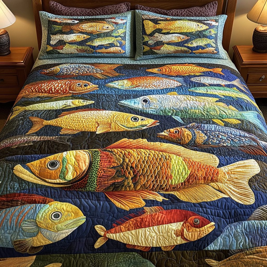 Underwater Tapestry quilted 3-piece bedding set on a made bed with two matching pillow shams