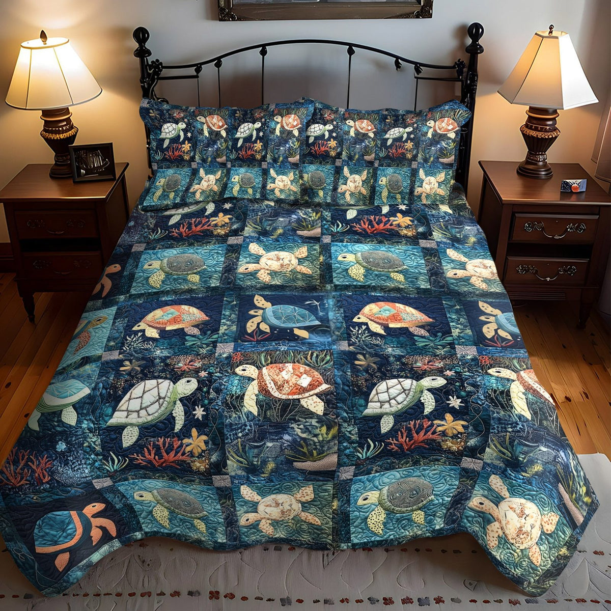 Underwater Turtle Bliss quilted 3-piece bedding set on a made bed in a light coastal bedroom
