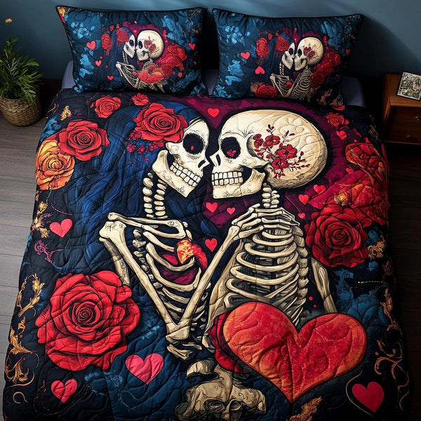 Undying Love quilted 3-piece bedding set on a made bed with two matching pillow shams