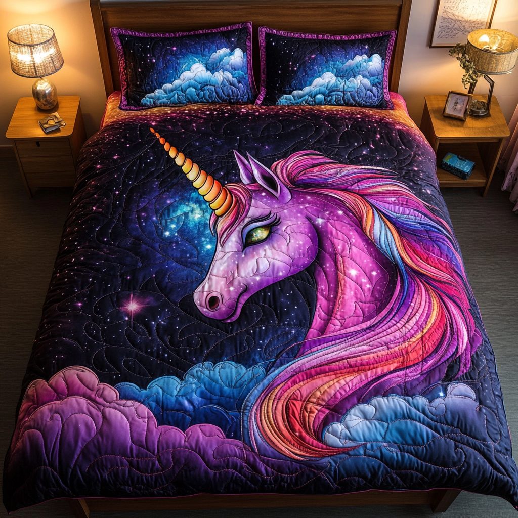 Unicorn Magic quilted 3-piece bedding set on a made bed with two matching pillow shams