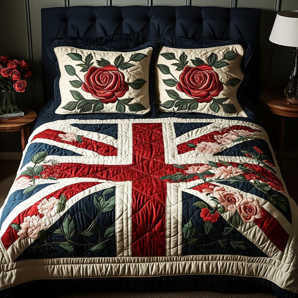 Union Charm quilted 3-piece bedding set on a made bed in a warmly lit bedroom