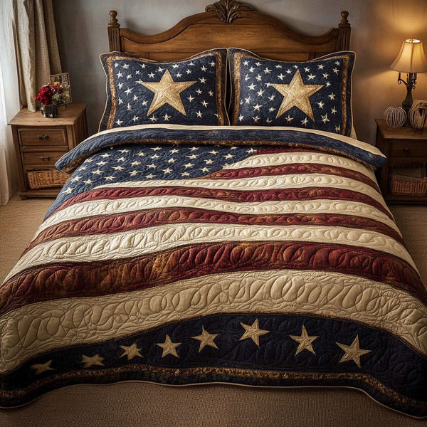 Union Honor quilted 3-piece bedding set on a made bed in a warmly lit bedroom
