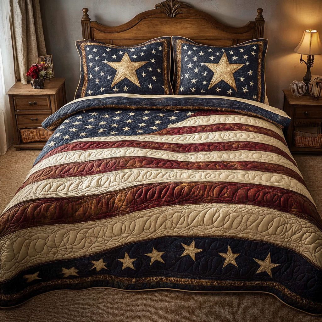 Union Honor quilted 3-piece bedding set on a made bed in a warmly lit bedroom