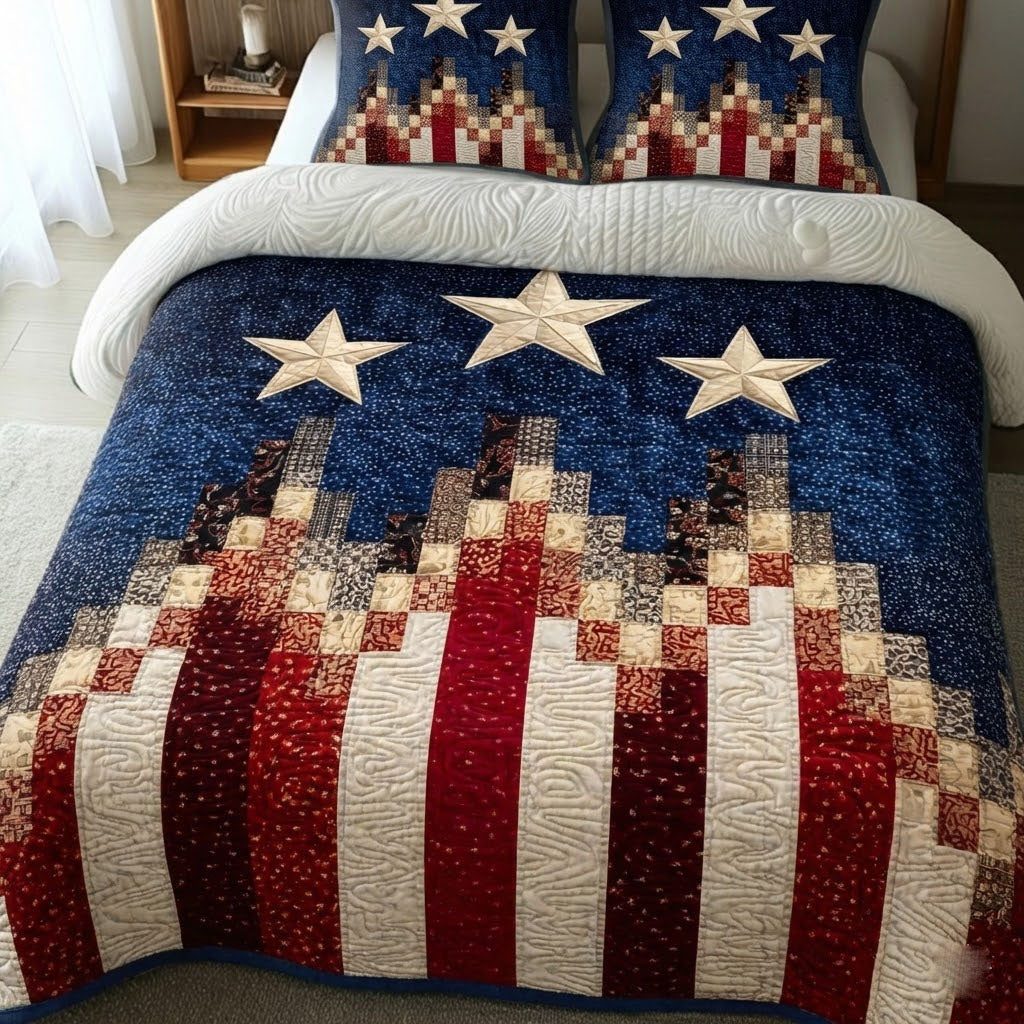Union Spirit quilted 3-piece bedding set on a made bed in a warmly lit bedroom