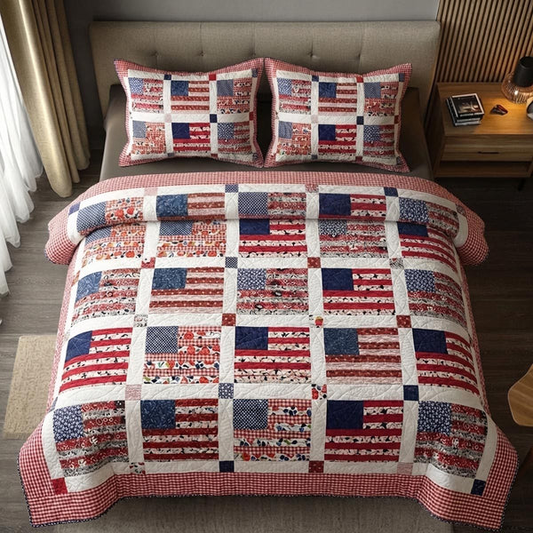 United Spirit quilted 3-piece bedding set on a made bed with two matching pillow shams