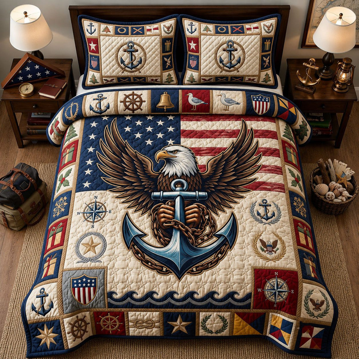 United States Navy quilted 3-piece bedding set on a made bed in a warmly lit bedroom