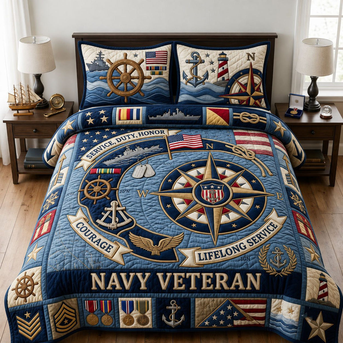 United States Navy quilted 3-piece bedding set on a made bed in a warmly lit bedroom