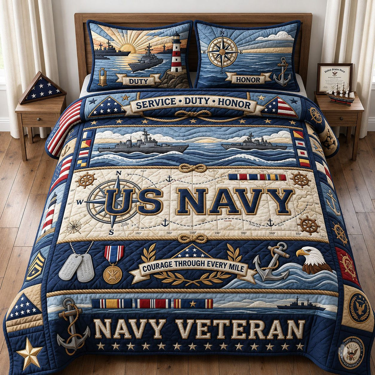 United States Navy quilted 3-piece bedding set on a made bed in a warmly lit bedroom
