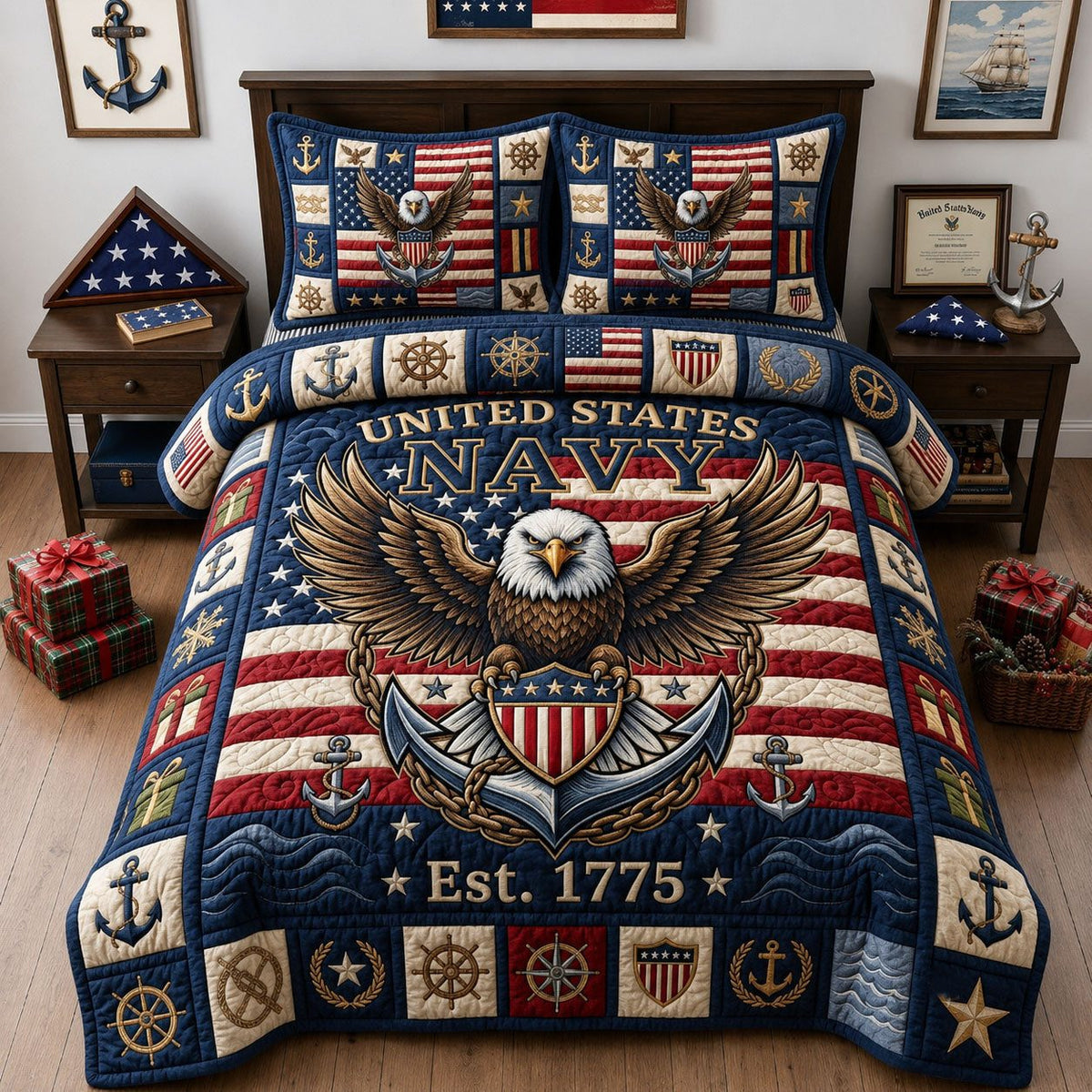 United States Navy quilted 3-piece bedding set on a made bed in a warmly lit bedroom