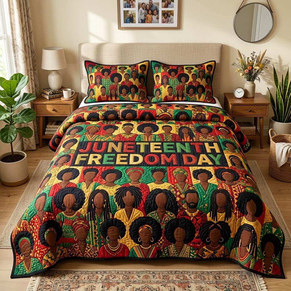 Unity Portrait quilted 3-piece bedding set on a made bed with two matching pillow shams
