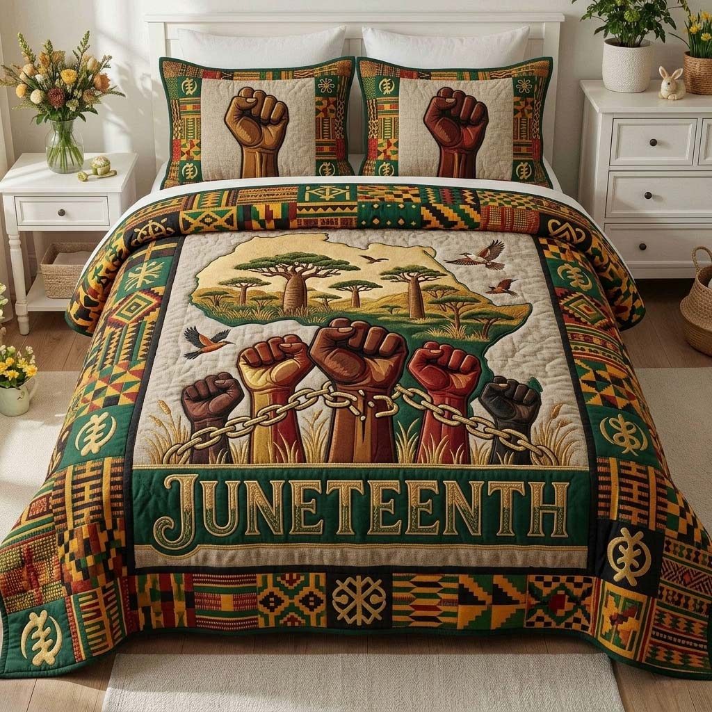 Unity Rising quilted 3-piece bedding set on a made bed with two matching pillow shams