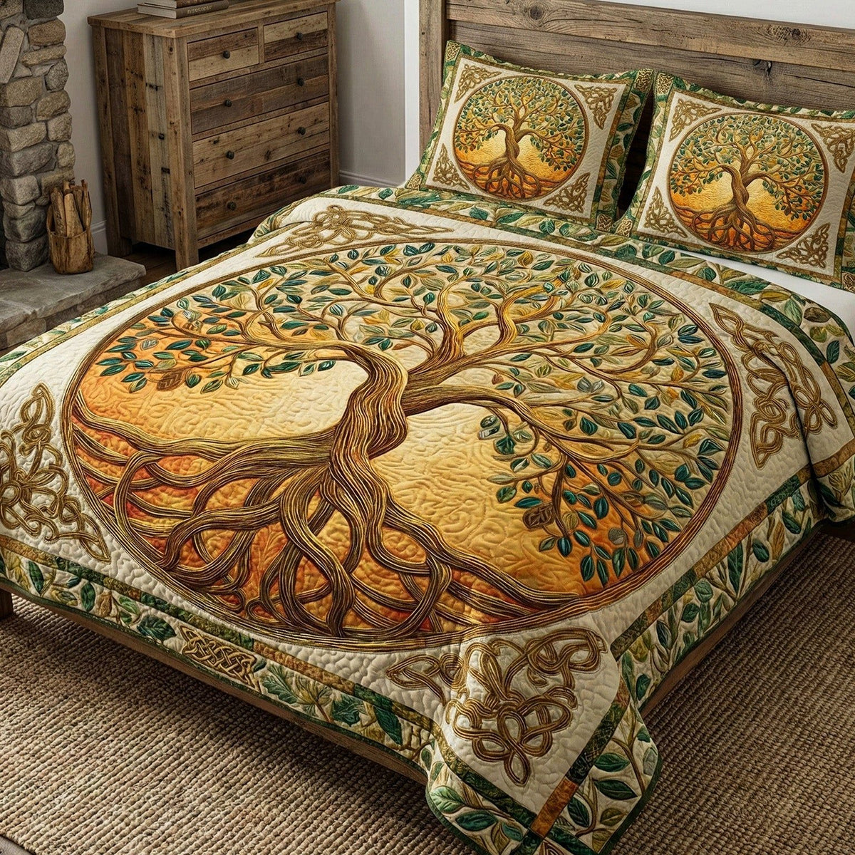 Unity Tree quilted 3-piece bedding set on a made bed with two matching pillow shams