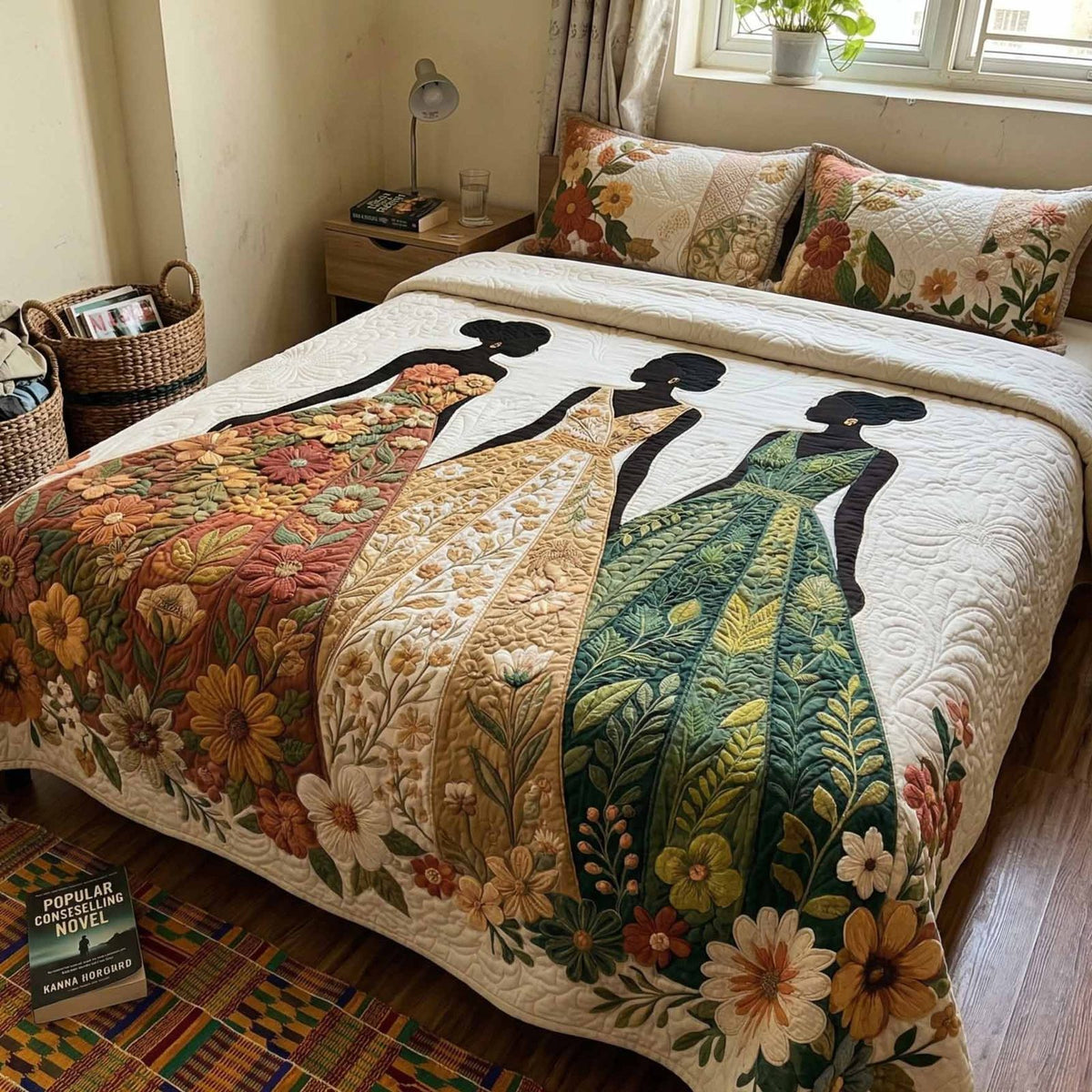 Unity Women quilted 3-piece bedding set on a made bed with two matching pillow shams