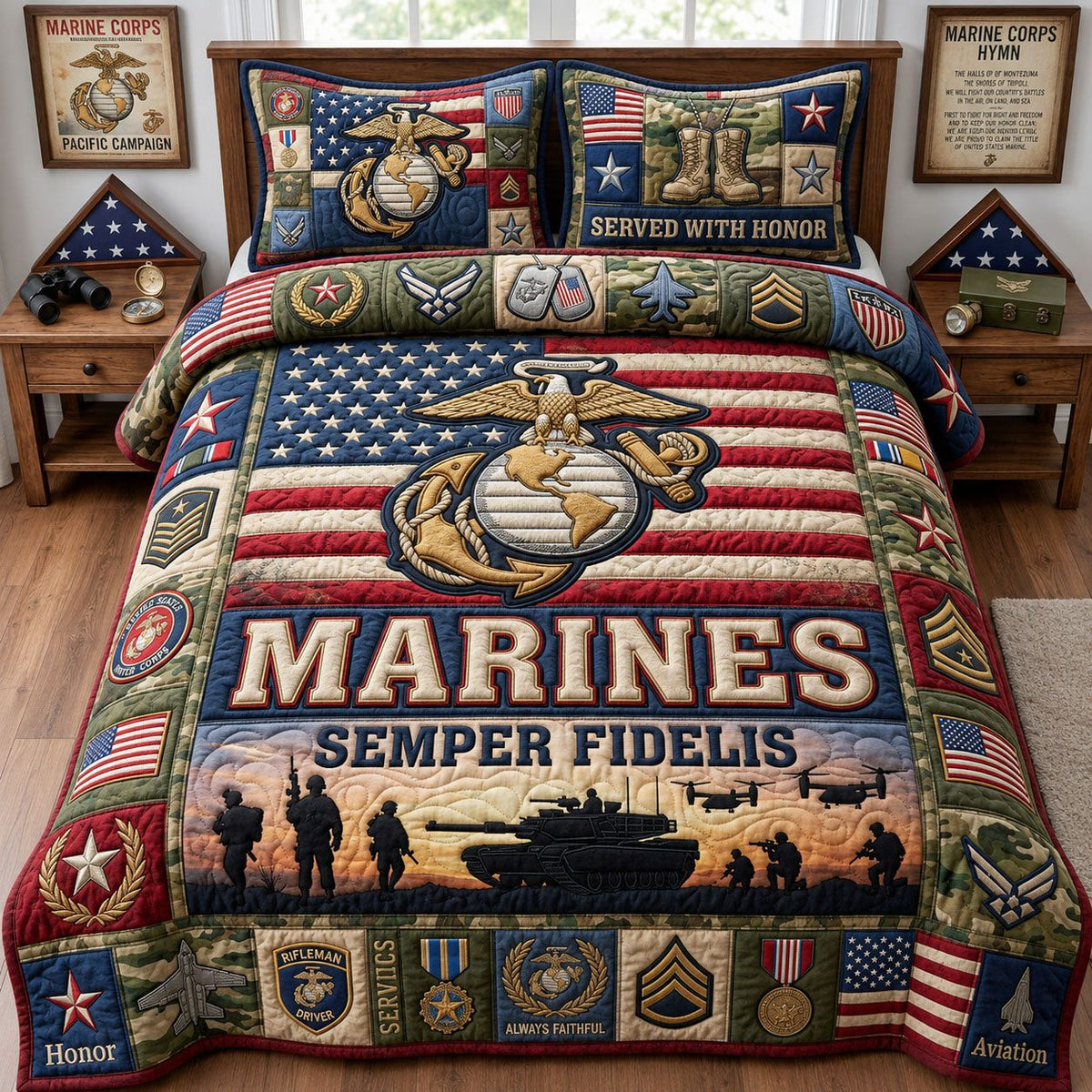 US Marine Corps quilted 3-piece bedding set on a made bed in a warmly lit bedroom