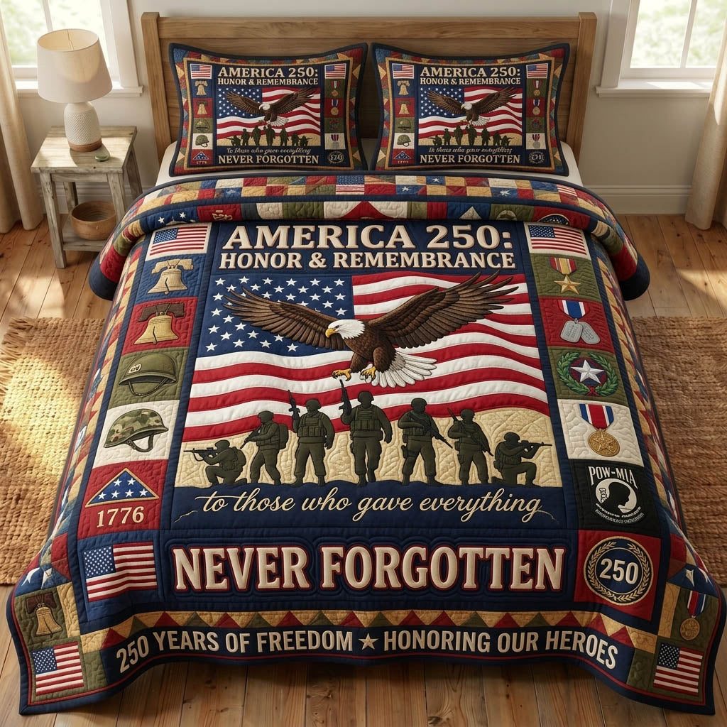 US Veteran quilted 3-piece bedding set on a made bed in a warmly lit bedroom