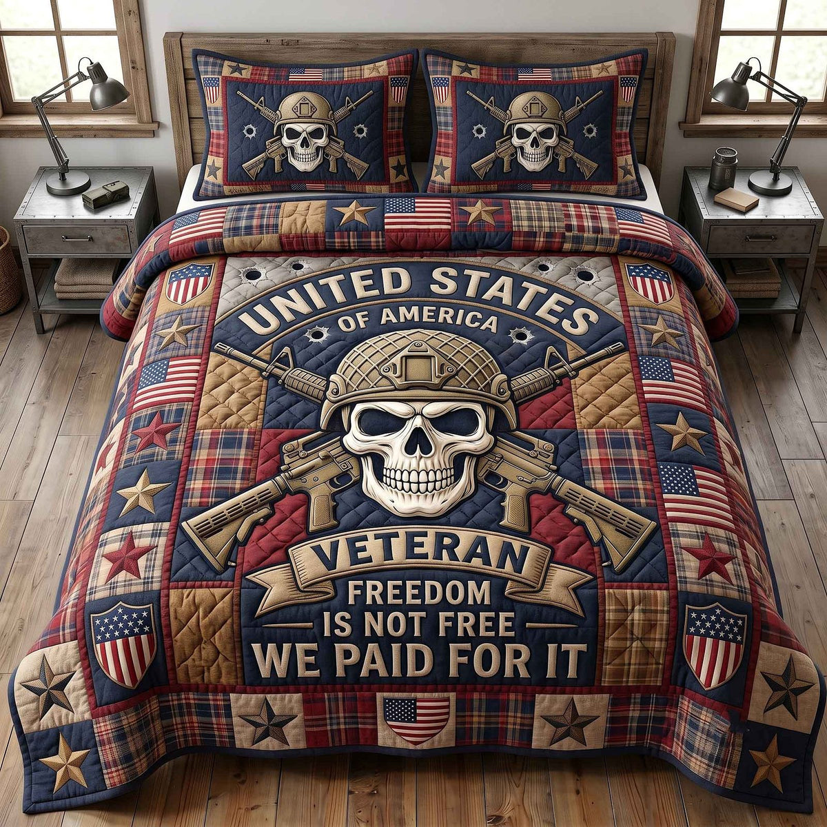 US Veteran quilted 3-piece bedding set on a made bed in a warmly lit bedroom