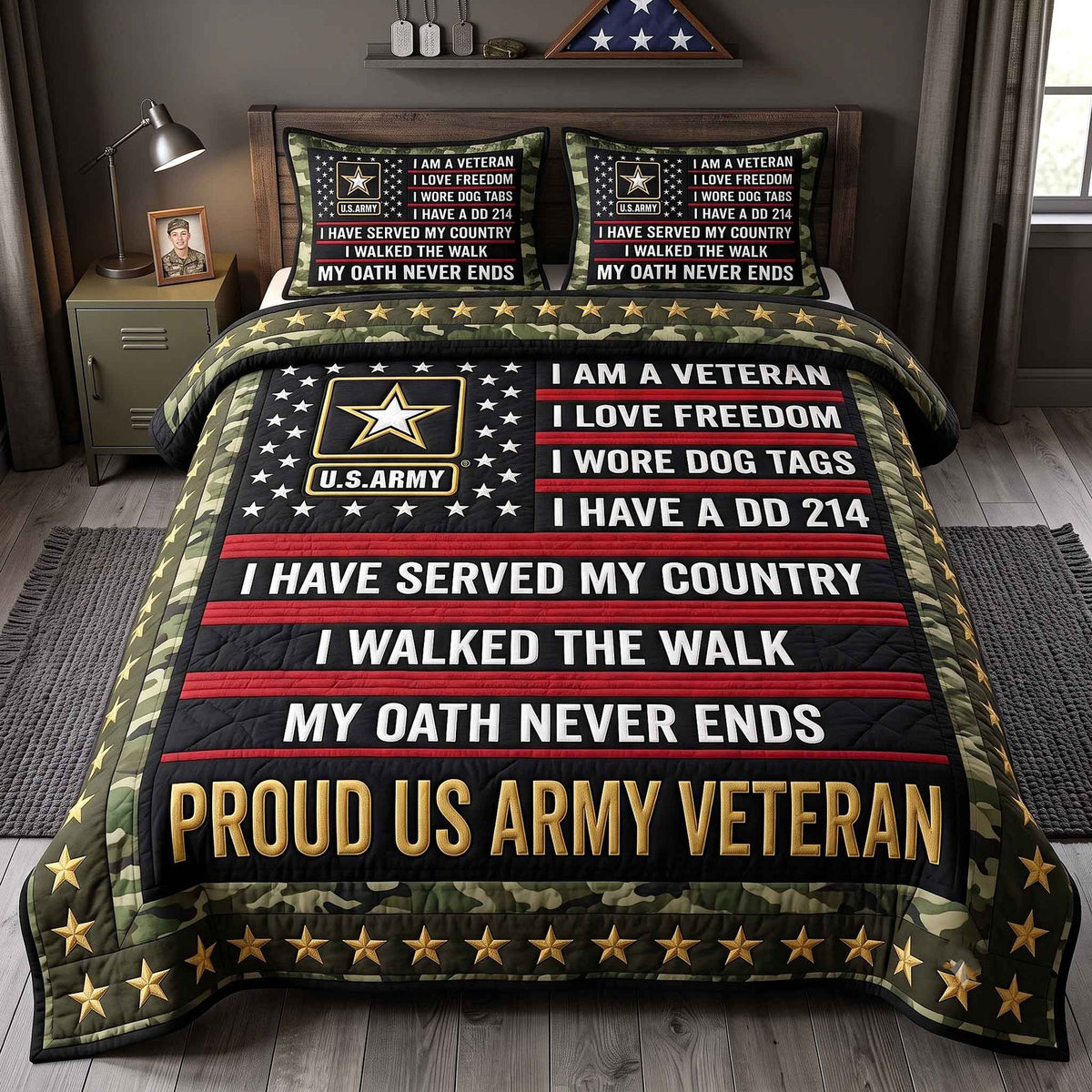 US Veteran quilted 3-piece bedding set on a made bed in a warmly lit bedroom