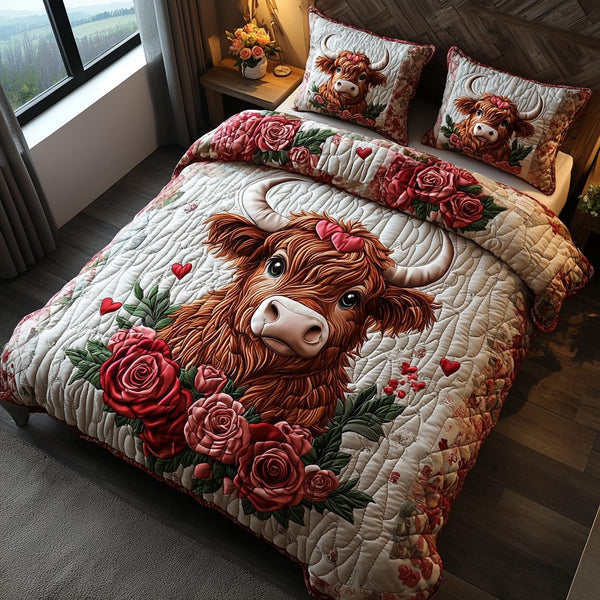 Valentine Highland Cow quilted 3-piece bedding set on a made bed with two matching pillow shams