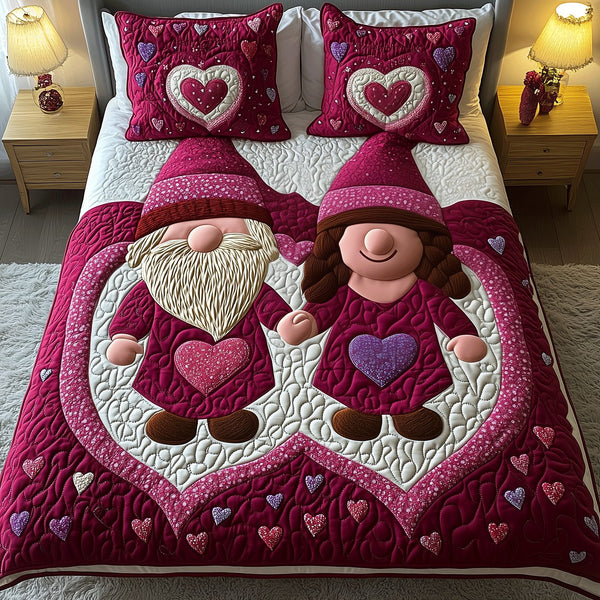 Valentine Nest quilted 3-piece bedding set on a made bed with two matching pillow shams