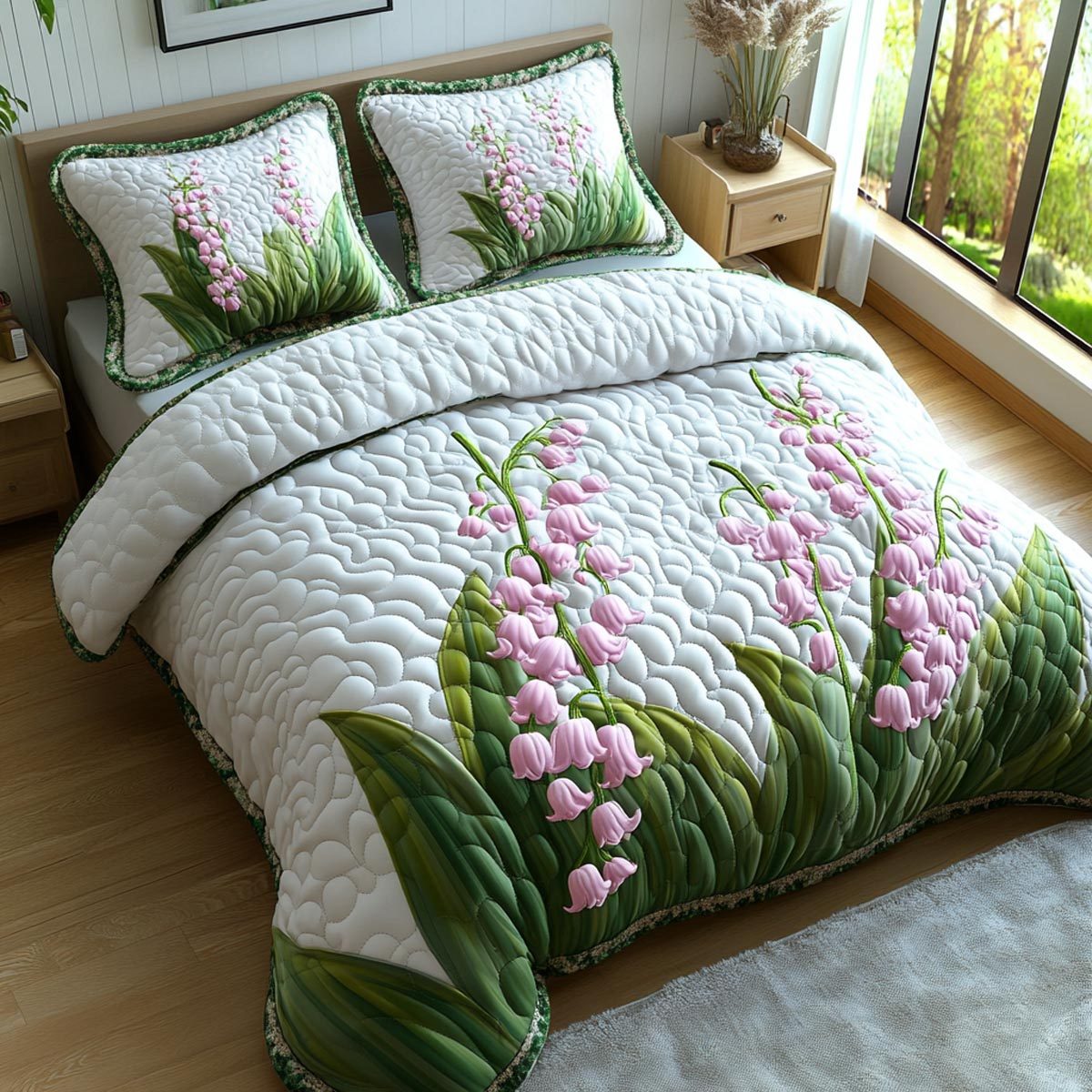 Valley Whisper quilted 3-piece bedding set on a made bed with two matching pillow shams