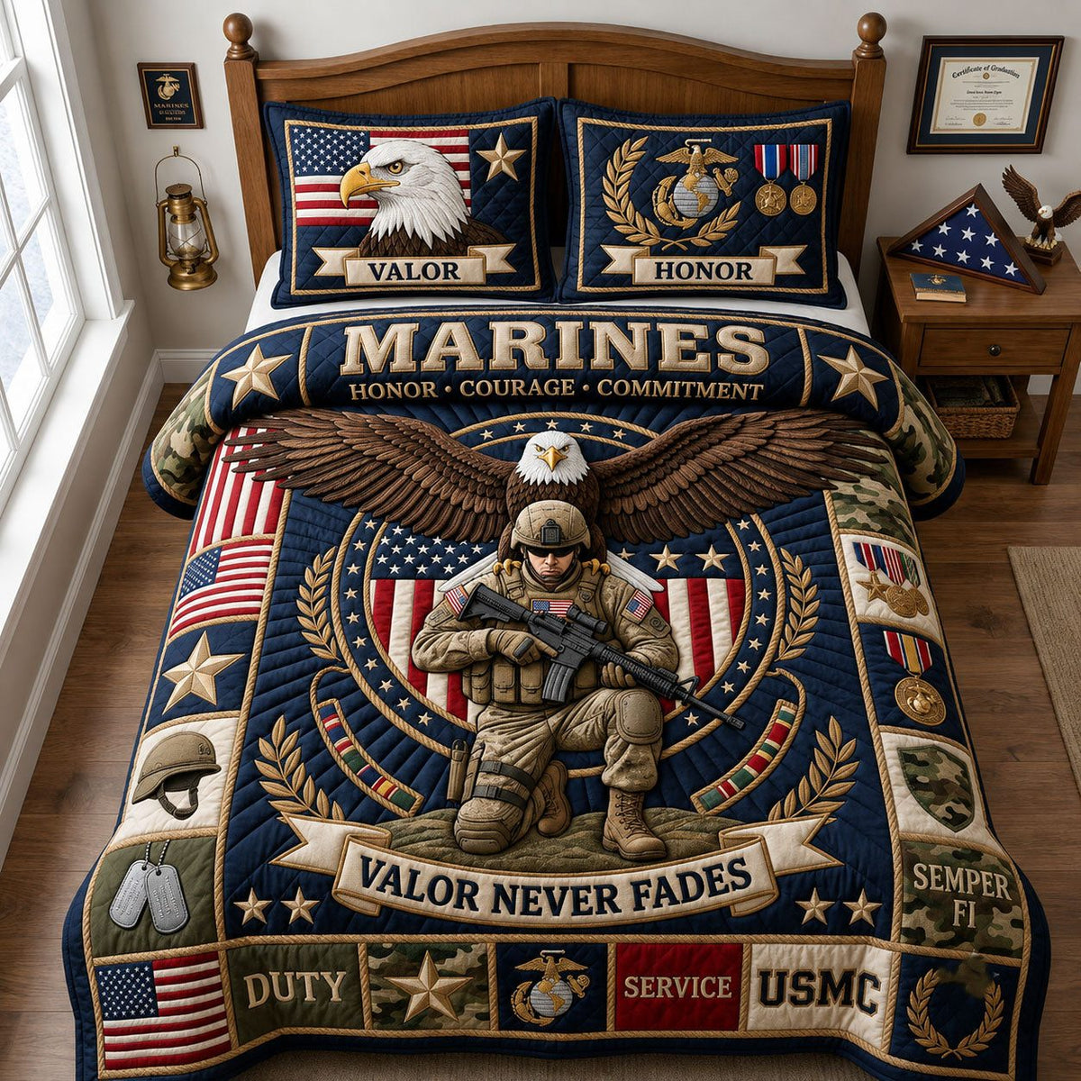 Valor Never Fades quilted 3-piece bedding set on a made bed with two matching pillow shams