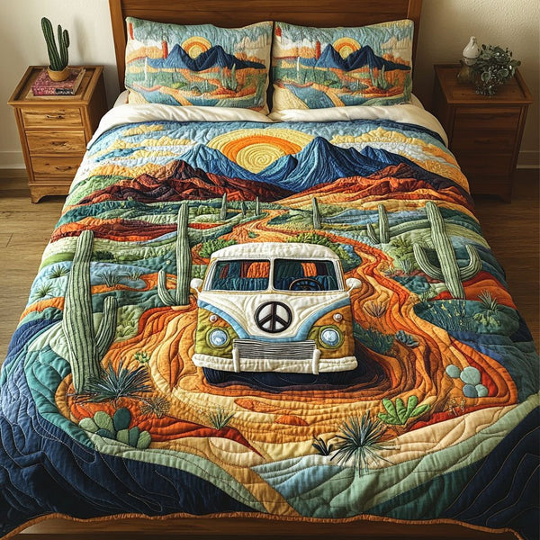 Van Adventures quilted 3-piece bedding set on a made bed in a winter-styled bedroom