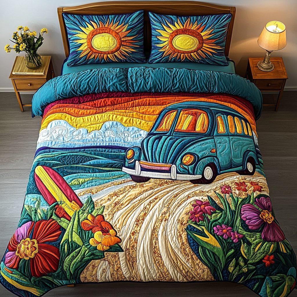 Van Escape quilted 3-piece bedding set on a made bed with two matching pillow shams
