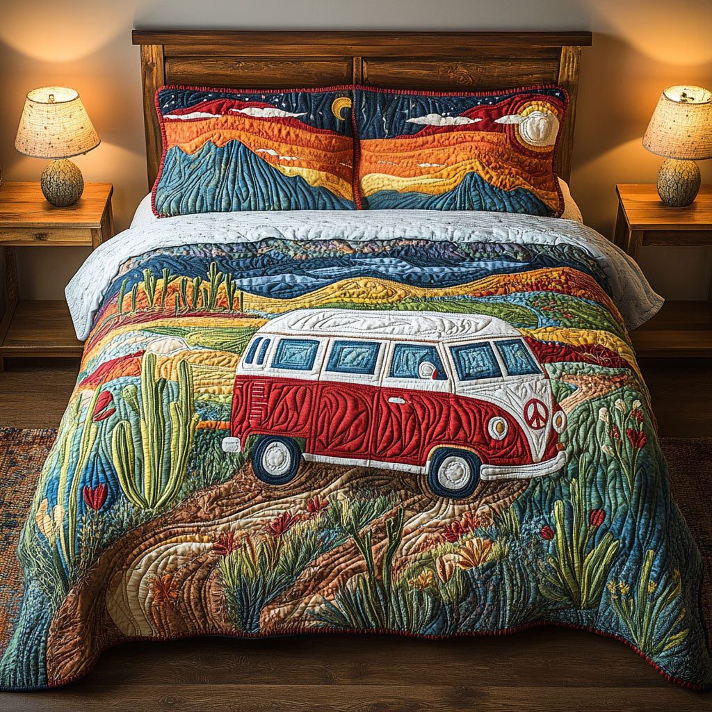 Van Life Journey quilted 3-piece bedding set on a made bed with two matching pillow shams
