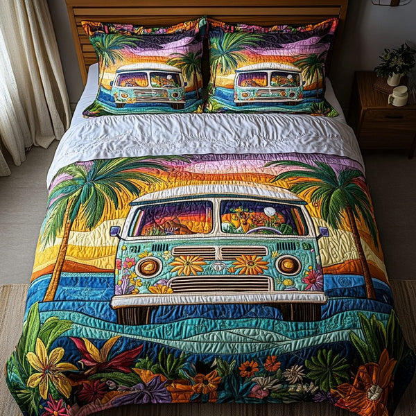 Van Life quilted 3-piece bedding set on a made bed with two matching pillow shams