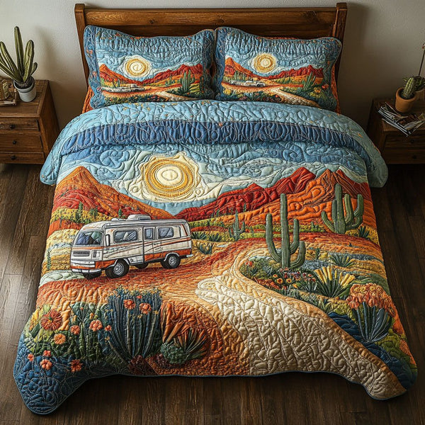 Vanishing Horizons quilted 3-piece bedding set on a made bed with two matching pillow shams