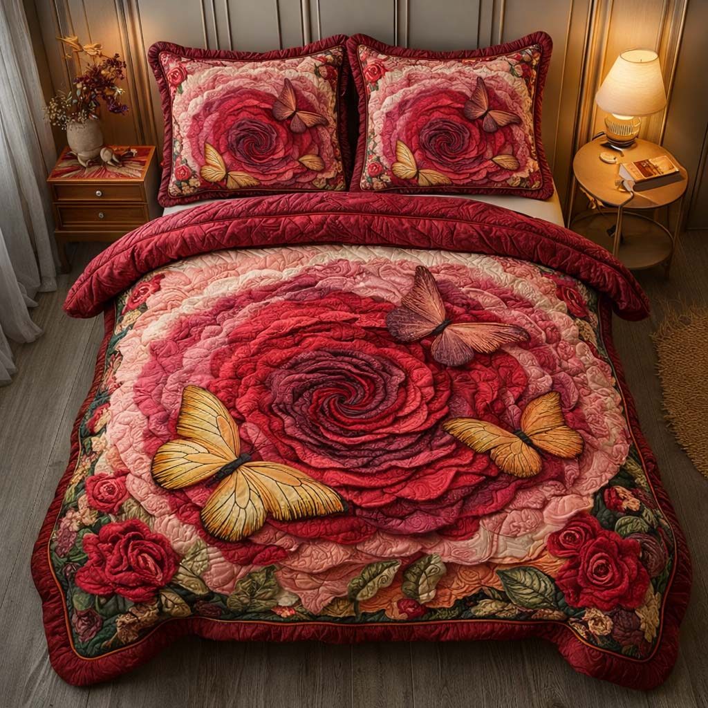 Velvet Bloom quilted 3-piece bedding set on a made bed with two matching pillow shams