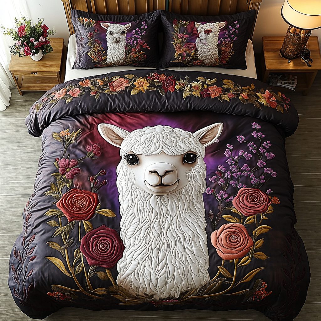 Velvet Charm quilted 3-piece bedding set on a made bed with two matching pillow shams