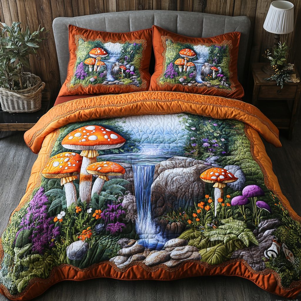 Velvet Fungi quilted 3-piece bedding set on a made bed with two matching pillow shams