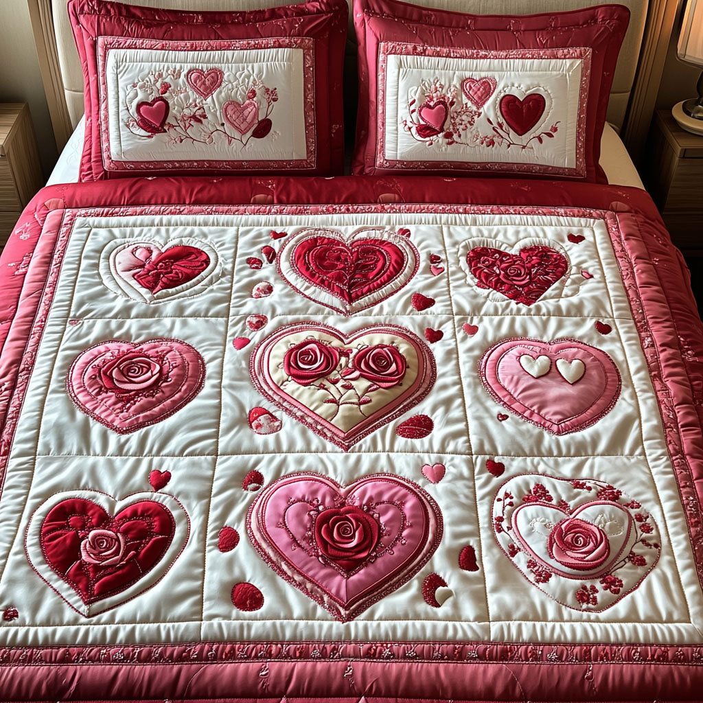 Velvet Heart quilted 3-piece bedding set on a made bed with two matching pillow shams