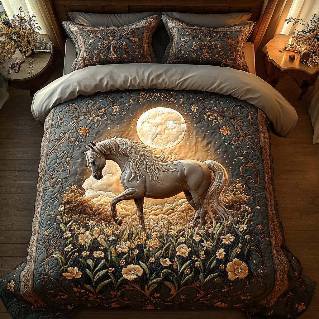 Velvet Hoofprints quilted 3-piece bedding set on a made bed with two matching pillow shams
