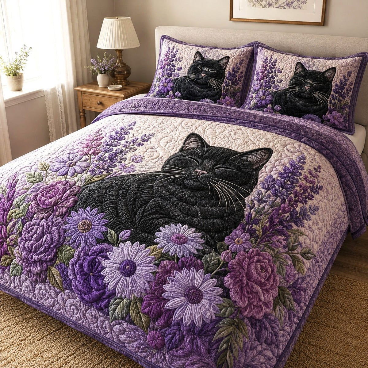 Velvet Lavender quilted 3-piece bedding set on a made bed with two matching pillow shams