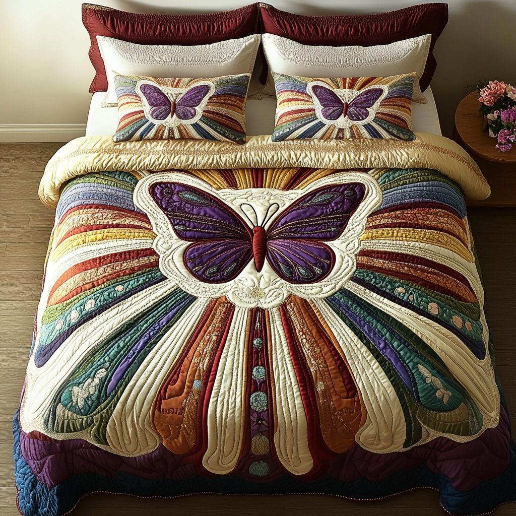 Velvet Monarch quilted 3-piece bedding set on a made bed with two matching pillow shams