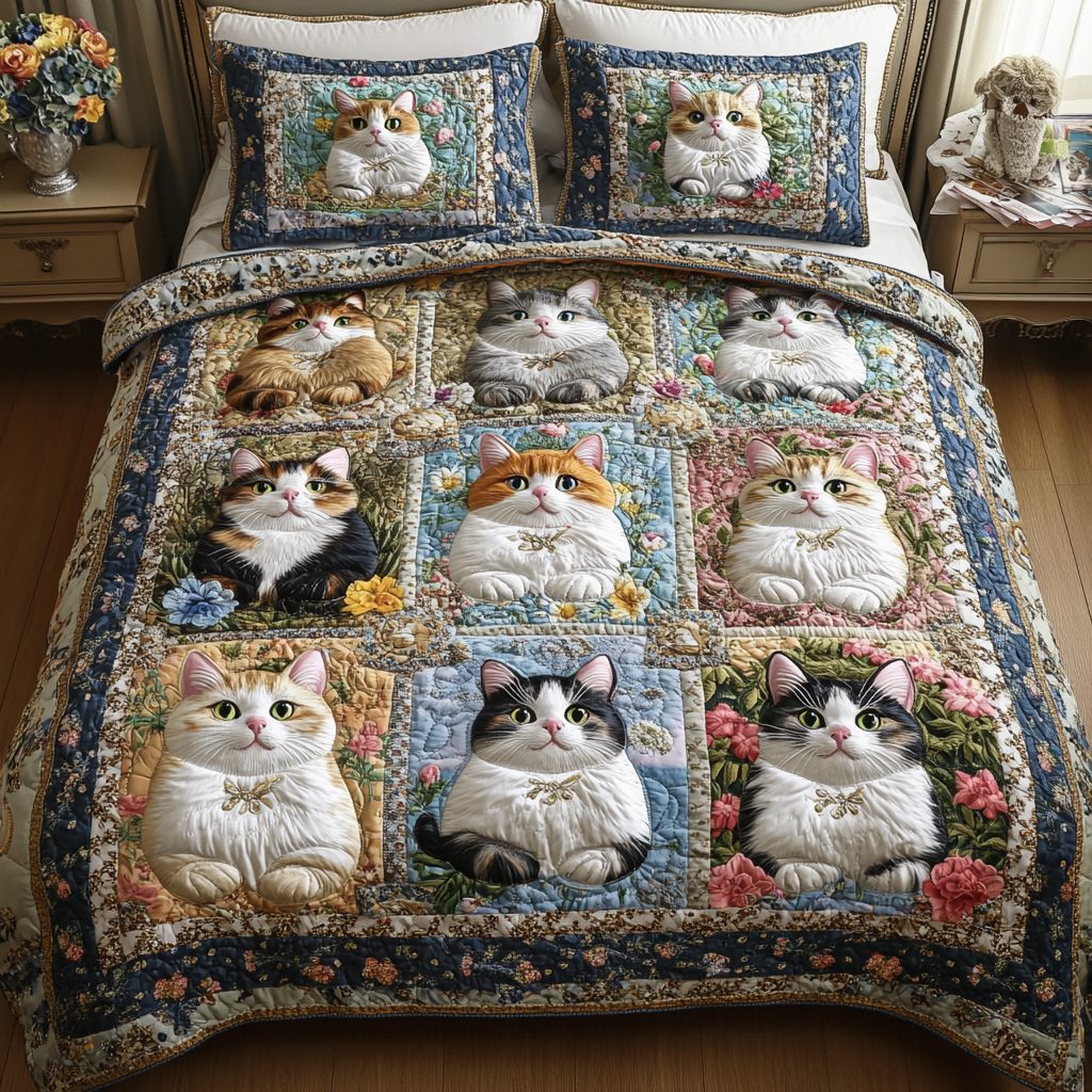 Velvet Paws quilted 3-piece bedding set on a made bed with two matching pillow shams