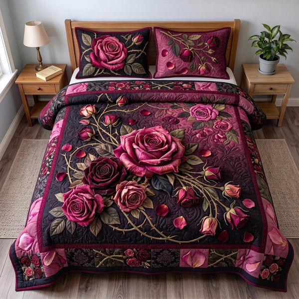 Velvet Rose quilted 3-piece bedding set on a made bed with two matching pillow shams