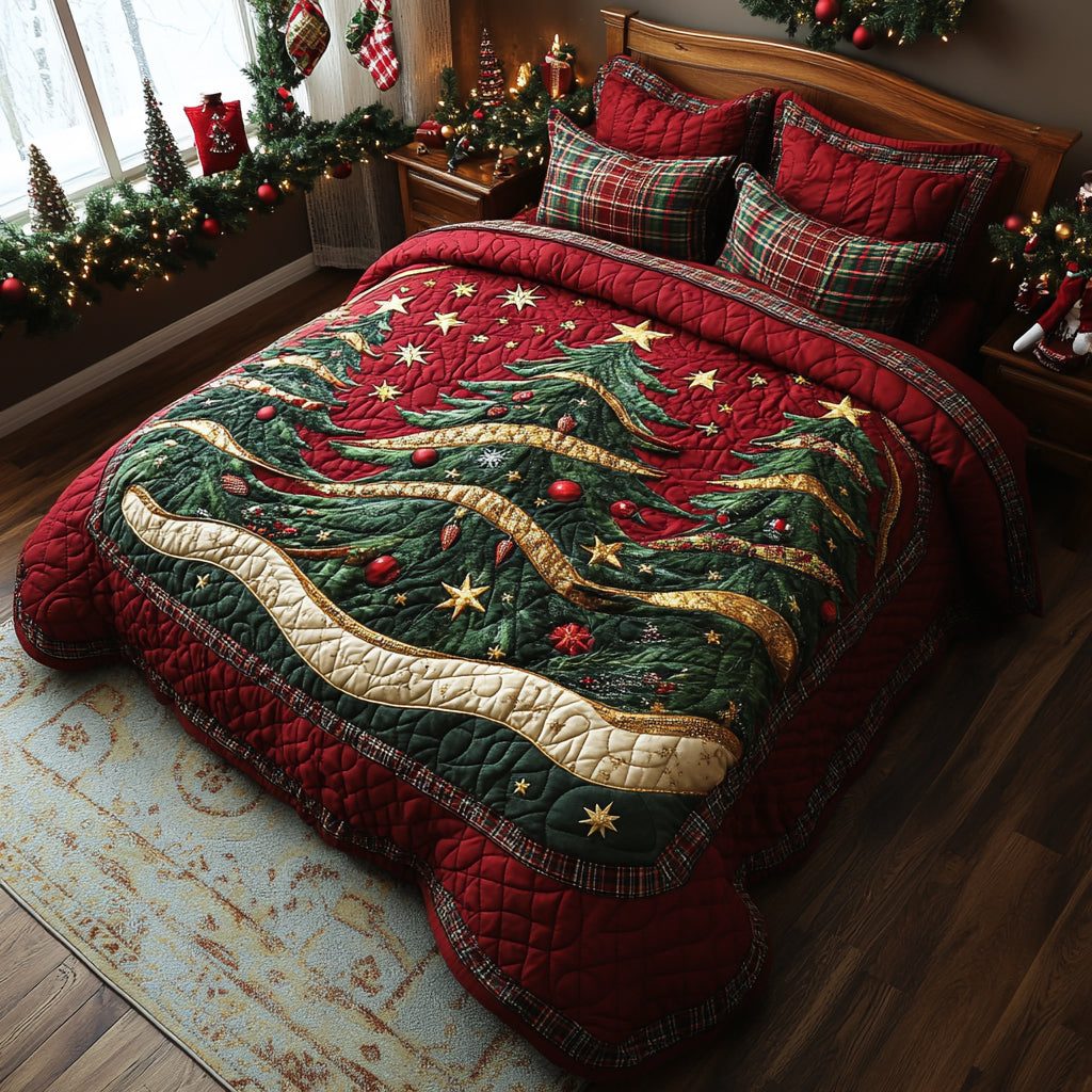 Velvet Tree quilted 3-piece bedding set on a made bed with two matching pillow shams
