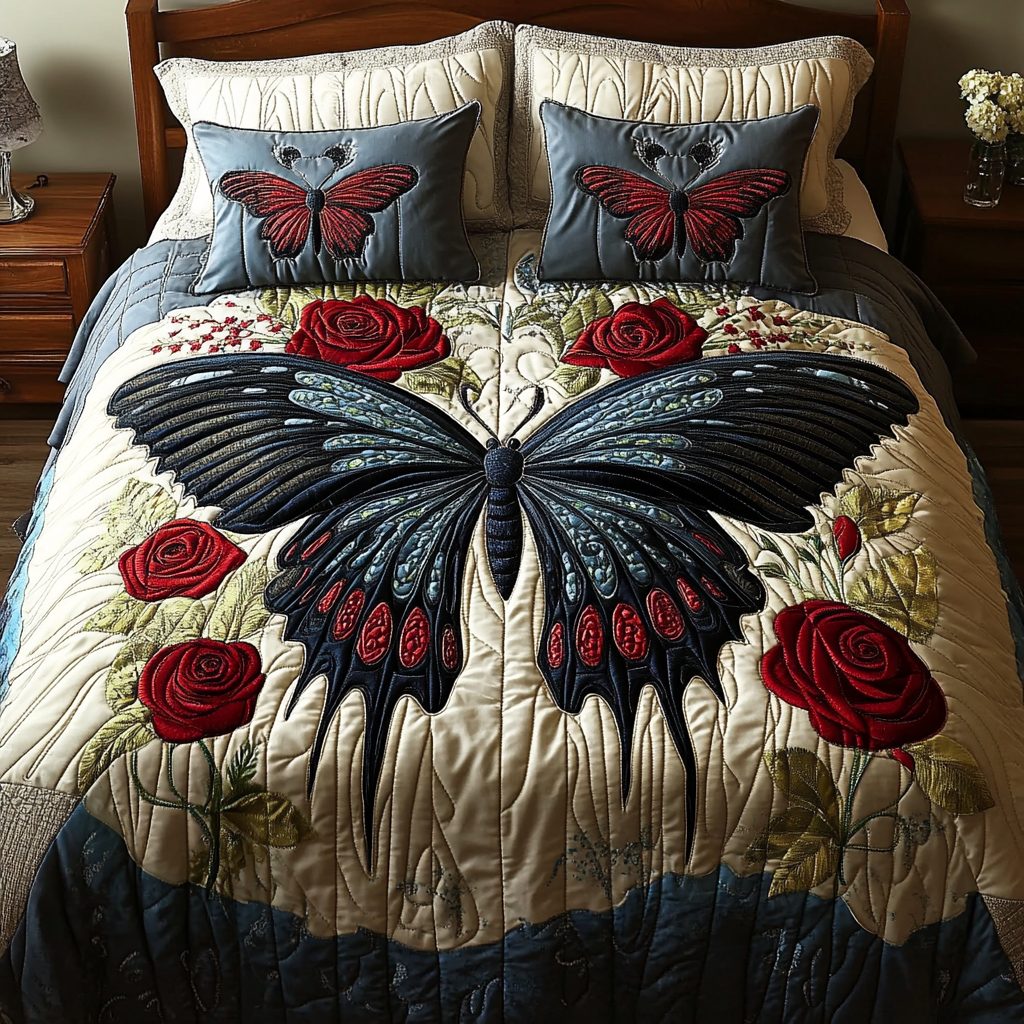 Velvet Wings quilted 3-piece bedding set on a made bed with two matching pillow shams