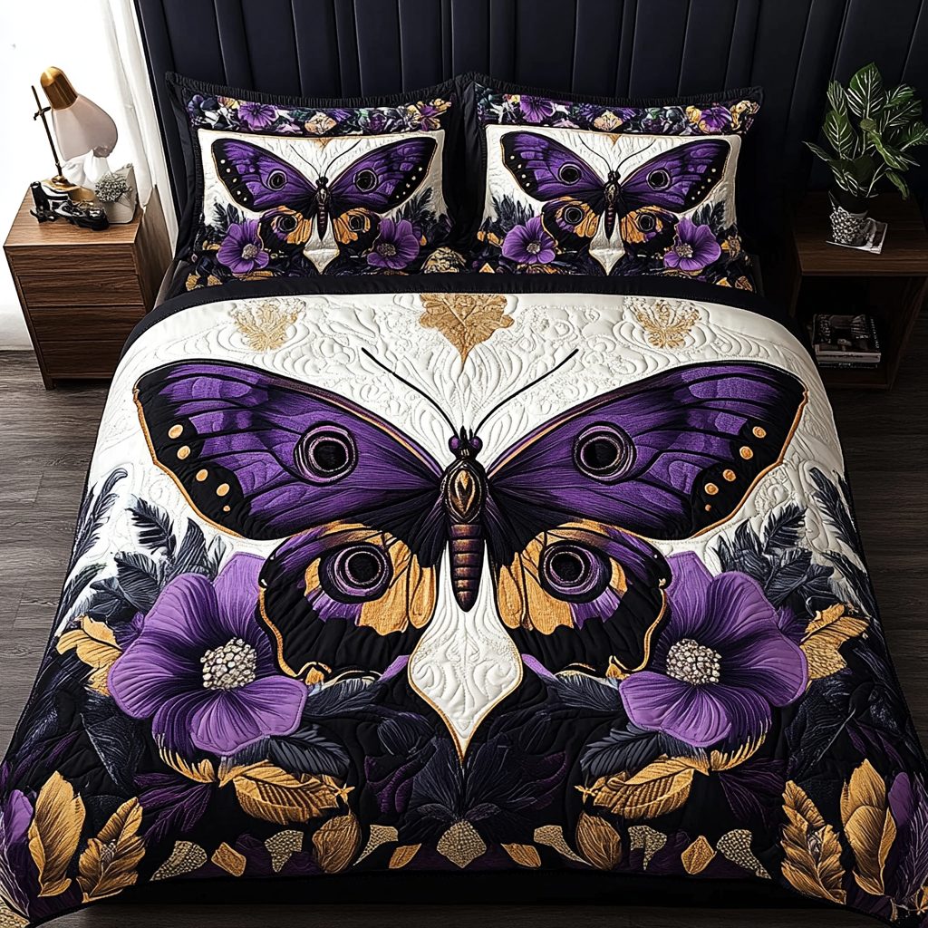 Velvet Wings quilted 3-piece bedding set on a made bed with two matching pillow shams